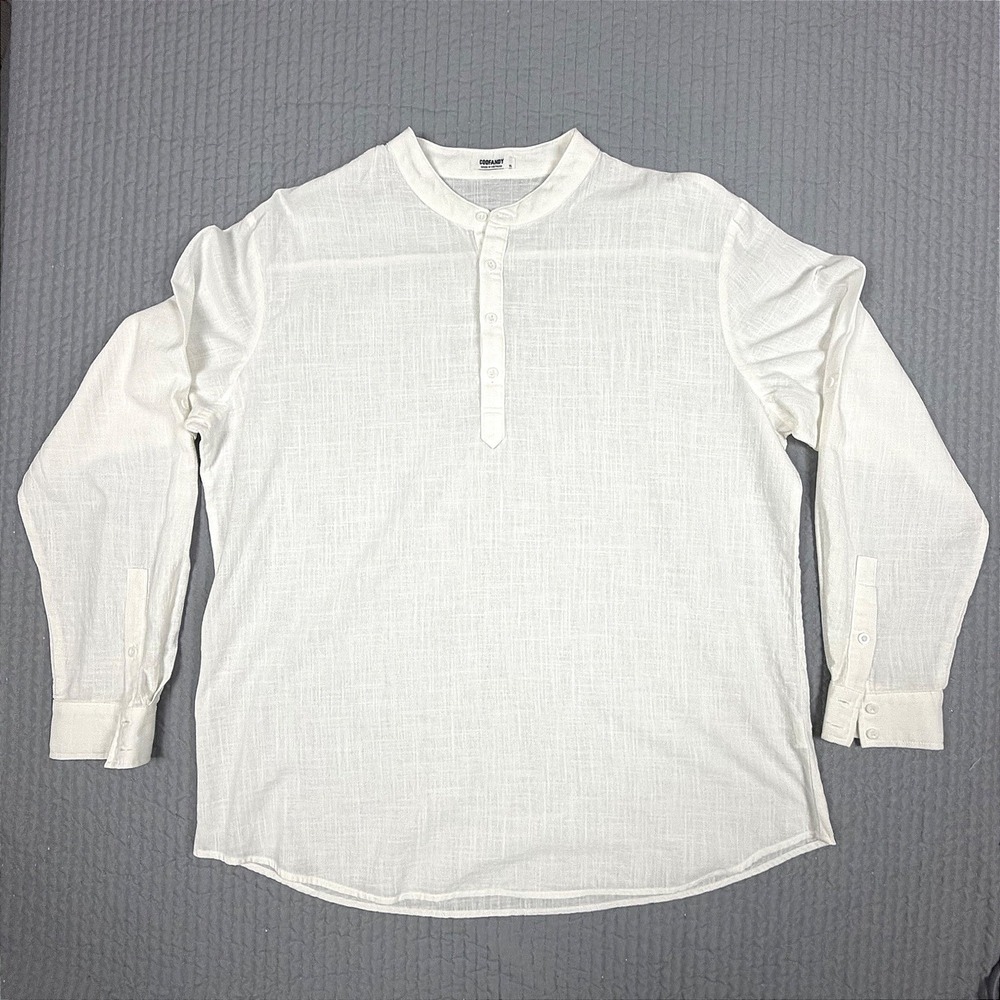 Coofandy Mens XL White Cotton Hemp Henley Shirt Long Sleeve Band Collar Casual